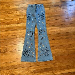 Nasty Gal Blue Flare Jeans with Floral Embroidery